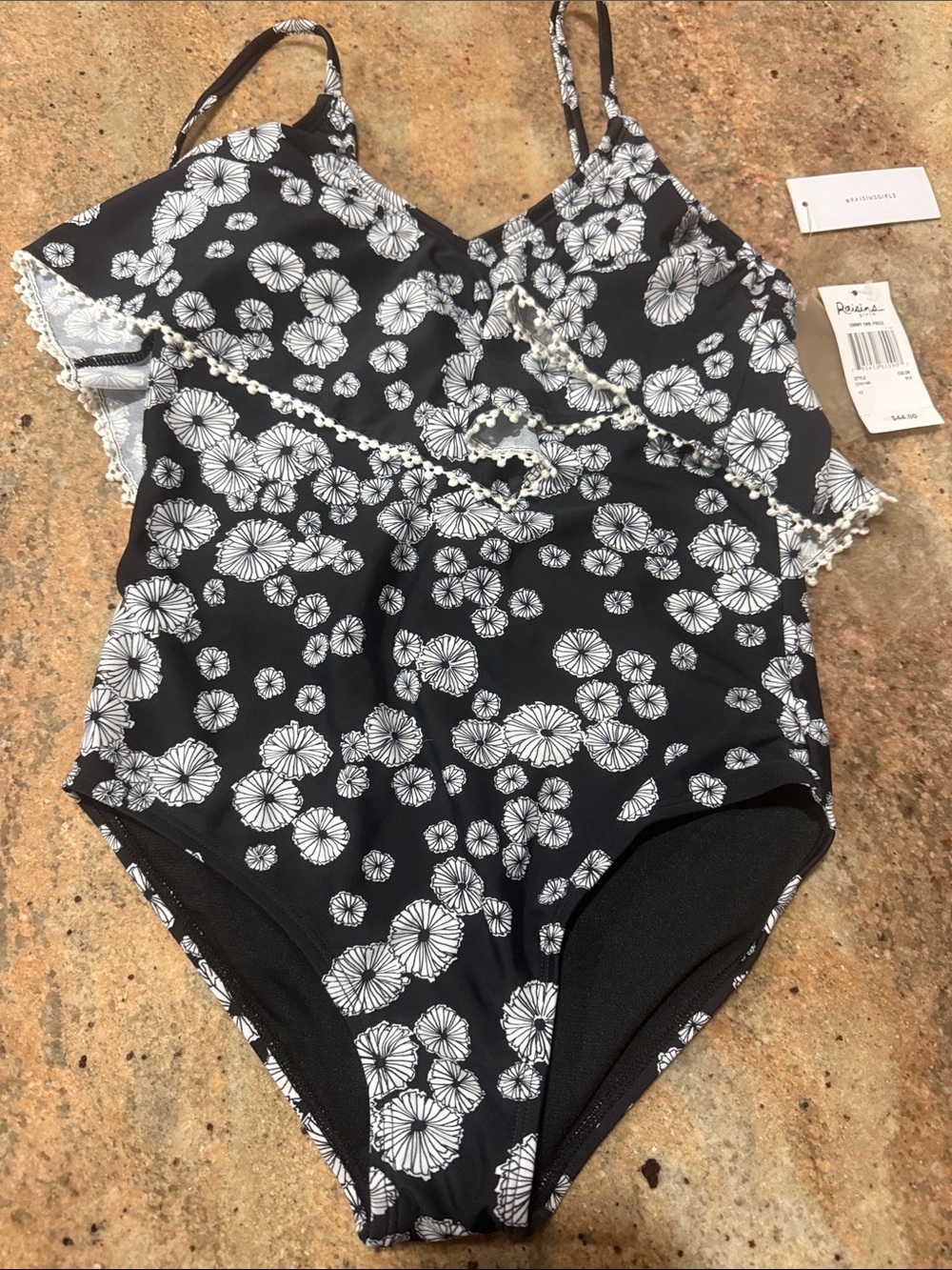NWT Raisins Black One-Piece Swimsuit with White Floral Print